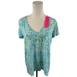 Lilly Pulitzer V Neck T-Shirt Top Blue Green Floral Print Womens Size Medium‎